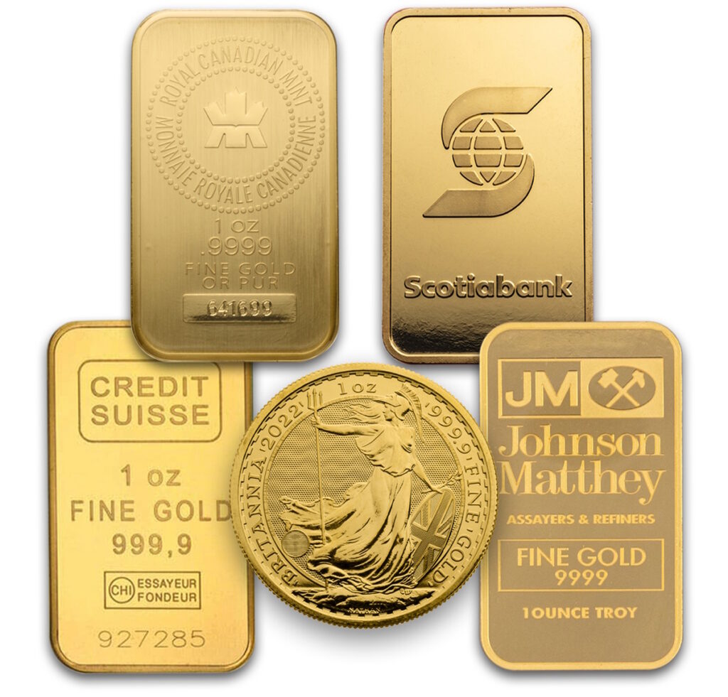 Variety of 1 oz gold bars and rounds