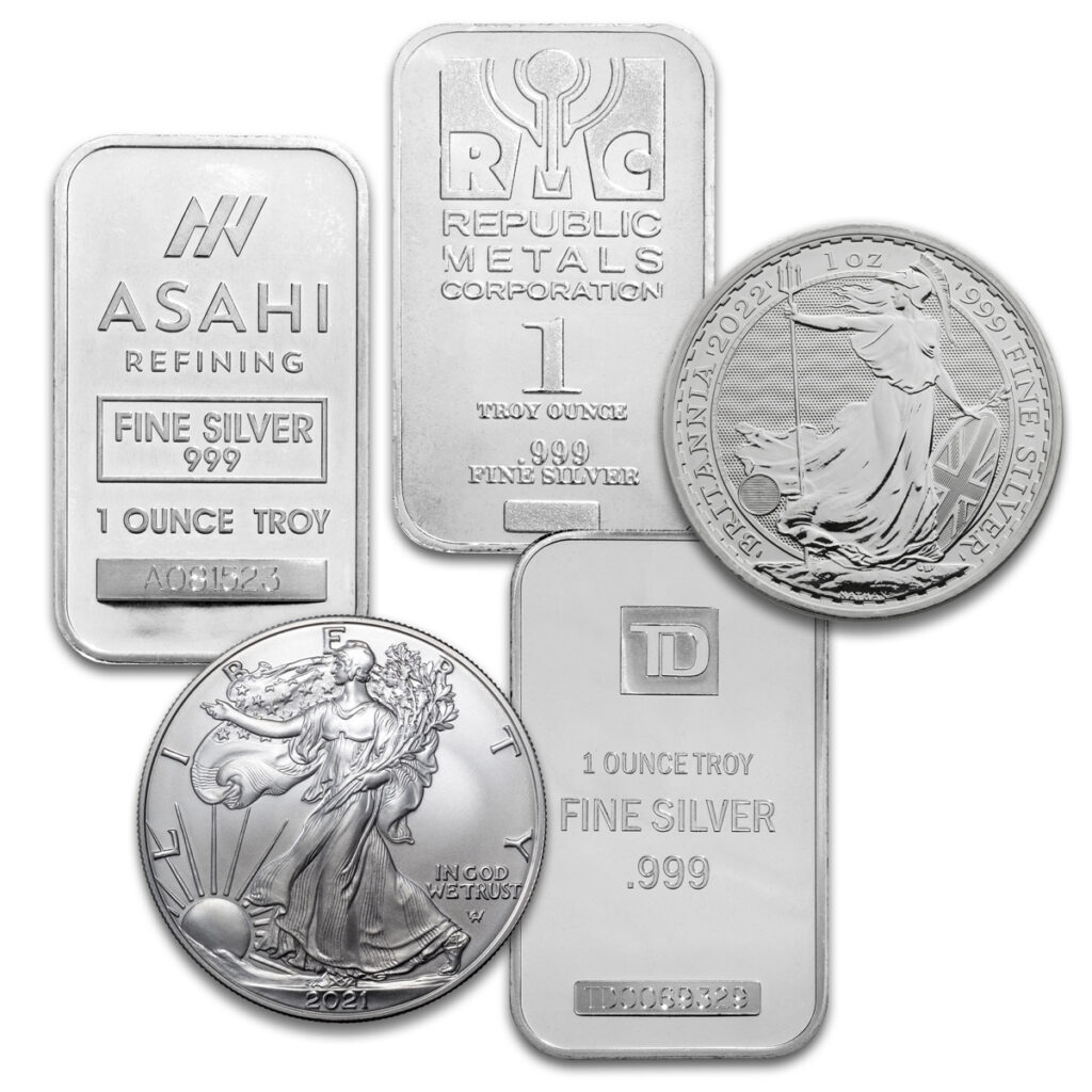 Variety of 1 oz silver bars and rounds